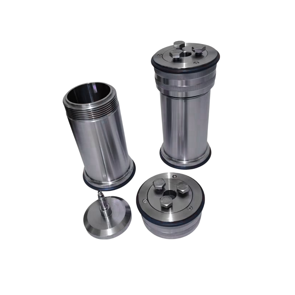 HTHP aging cell — stainless steel pressure vessel with threaded lid and valve stem