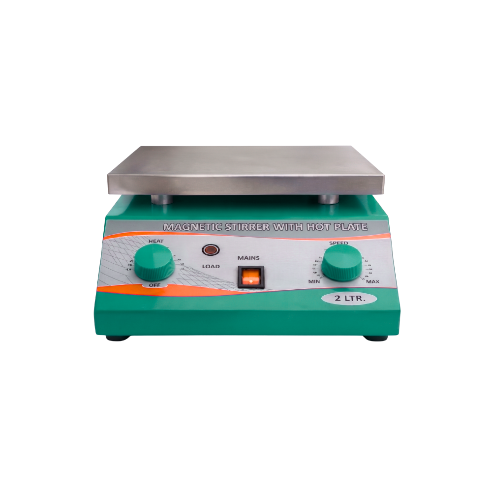 Benchtop magnetic stirrer with chemical-resistant top plate and variable speed control knob