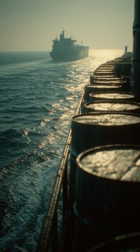 Barriles de petróleo alineados en la cubierta de un buque tanque en el mar, con un segundo buque visible a la distancia